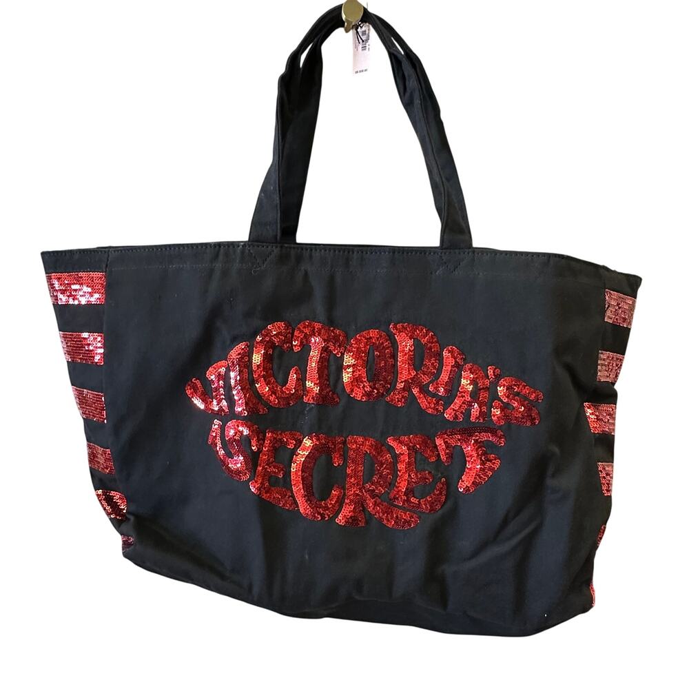 Victoria's Secret XL Travel Tote Bag Black Red Sequin Lips Kiss Zip Top NEW